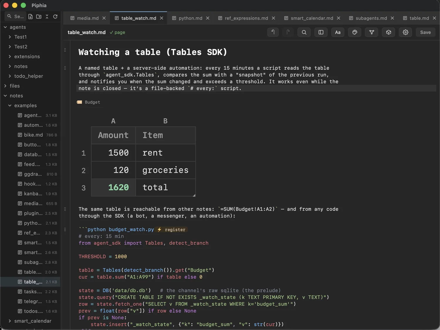 Embedded views and tools inside a note