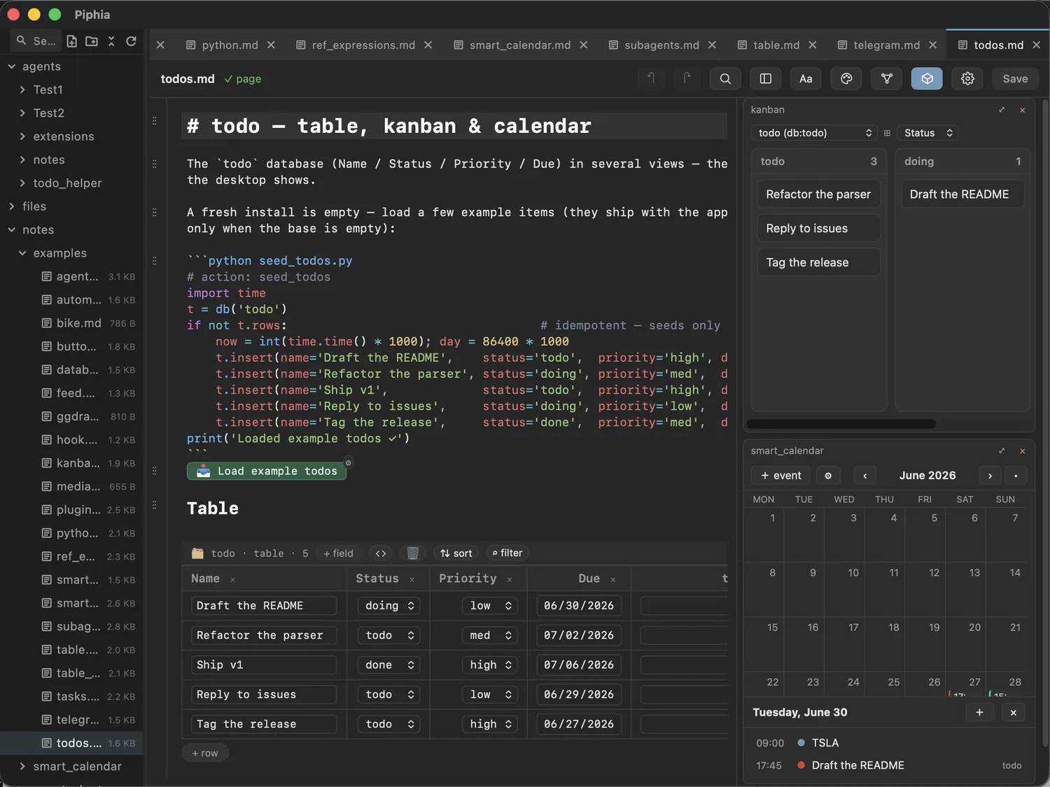 A database view with typed fields